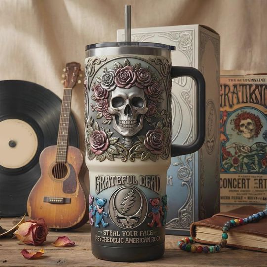 Discover Psychedelic Rock Skull 40oz Tumbler with Handle Insulated Travel Mug Rose Fan Gift