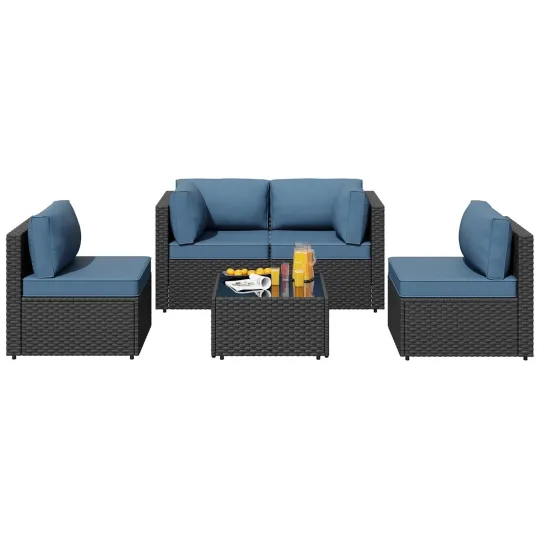 Discover SUNLEI 5pc Patio Furniture Set, Black Rattan Sofa w/Table, Aegean Blue (Used)