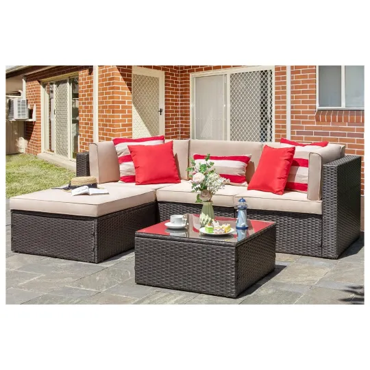 Discover Vongrasig 5pc Patio Set, Outdoor Sofa w/Ottoman & Table, Beige (Open Box)