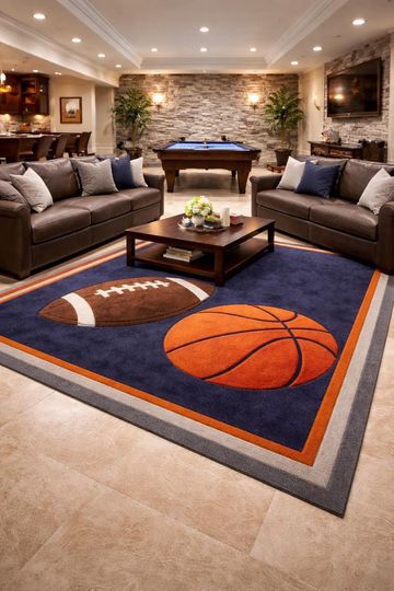 Discover Hand Tufted Wool Sports Ball Rug, Navy Blue Kids Game Room Area Rug