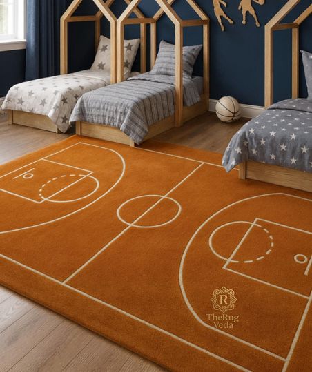 Discover Basketball Court Area Rug | Hand-Tufted Wool Sports Carpet | Game Court Design Rug for Bedroom, Playroom & Man Cave