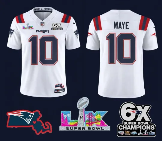 Discover Drake Maye New England Patriotss Super B.owl LX Patches White Jersey