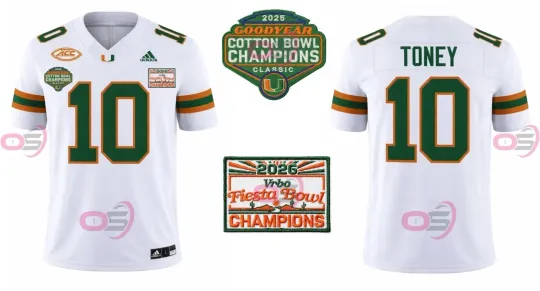 Discover Miami Hurricaness Malachi Toney/Personalized Cotton & Fiesta Bowl ChampionsJersey