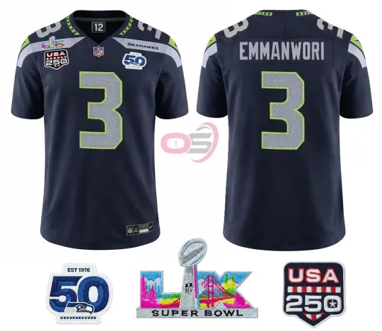 NICK EMMANWORI Seattle Seahawkss Super B.owl LX College Navy Jersey 3 Patches