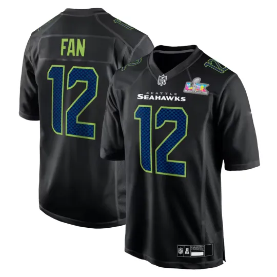 Discover Men's Seahawkss 12s Black Super B.owl LX Patch Carbon Fashion Game Jersey
