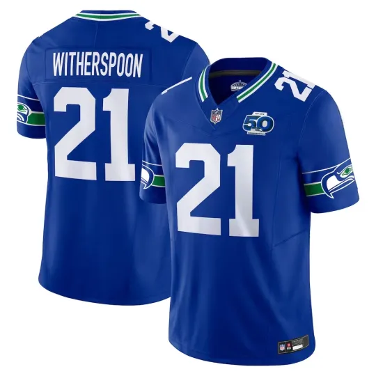 Men's Seahawks #21 Devon Witherspoon Royal 50th Season Jersey