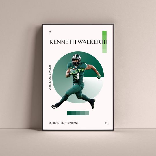 Discover Kenneth Walker III Poster, Michigan State Spartans Art Print Minimalist Football Wall Decor For Home Living Kids Game Room Gym Bar Man Cave