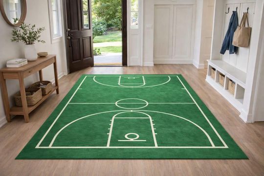 Discover Basketball Court Area Rug  Green Sports Floor Rug,  Modern Indoor Sports-Themed Carpet