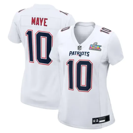 Discover Women's Patriots Drake Maye White Super Bowl LX Patch Tundra Fashion Game Jersey