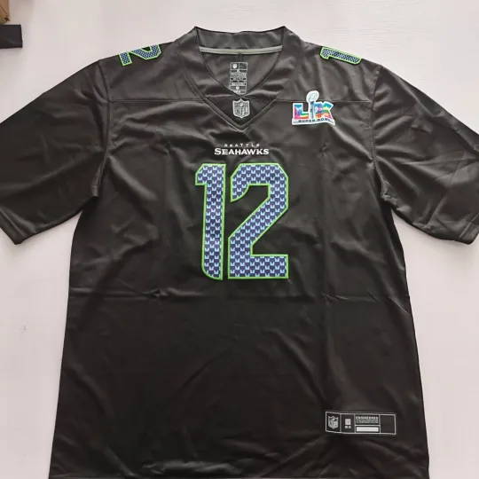 Discover Men's Seahawks 12s Black Super Bowl LX Patch Carbon Fashion Game Jersey #12