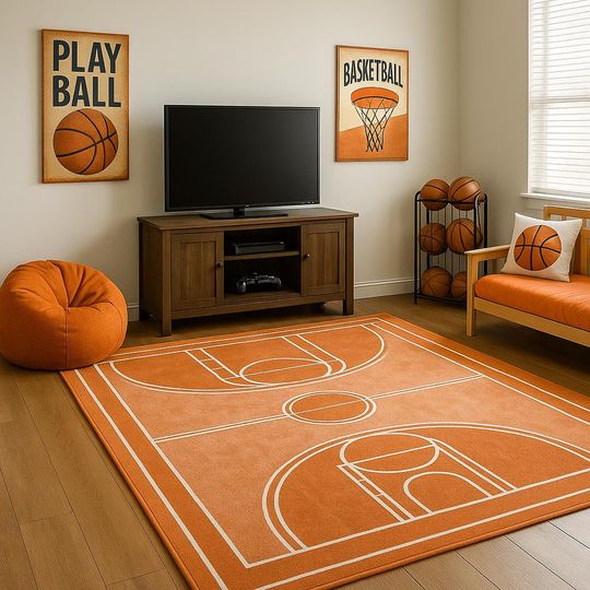 Discover Orange Basketball Court Rug  Sports Theme Playroom Carpet