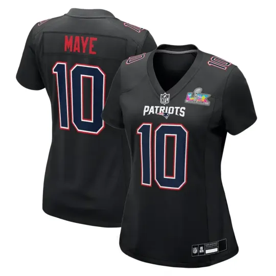 Discover Women's Patriots Drake Maye Black Super Bowl LX Patch Fashion Game Jersey #10