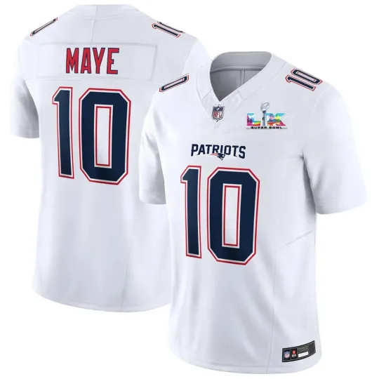 Discover Mens Patriotss 10 Drake Maye White Super B.owl LX Patch Tundra Game Limited Jersey