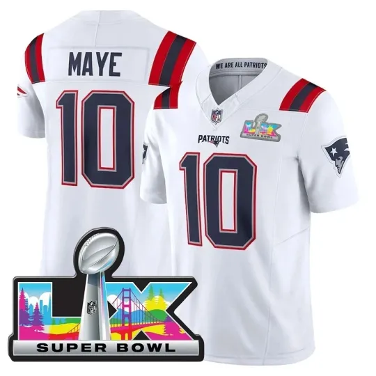 Discover Patriotss Men's Drake Maye Super B.owl LX Patch Carbon Fashion Game Jersey White