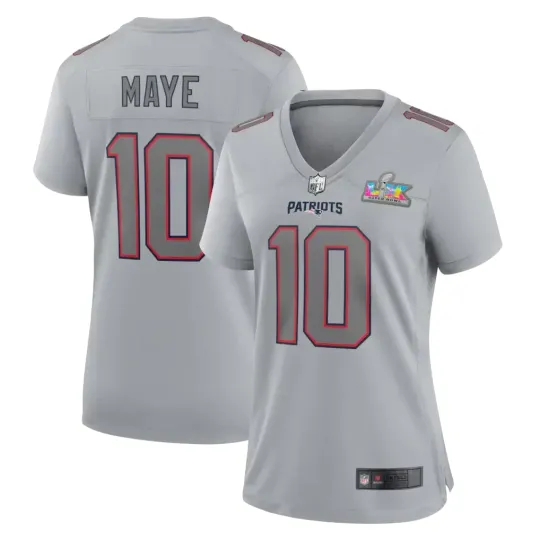 Discover Patriotss Drake Maye Silver Super B.owl LX Patch Atmosphere Game Jersey