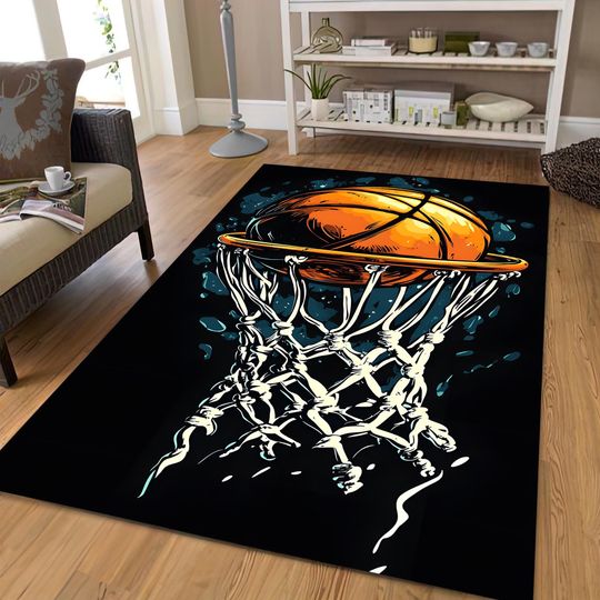 Discover Basketball Rug, Sports Themed Decor, Game Room Art, Hoops Design, Washable, Non-Slip