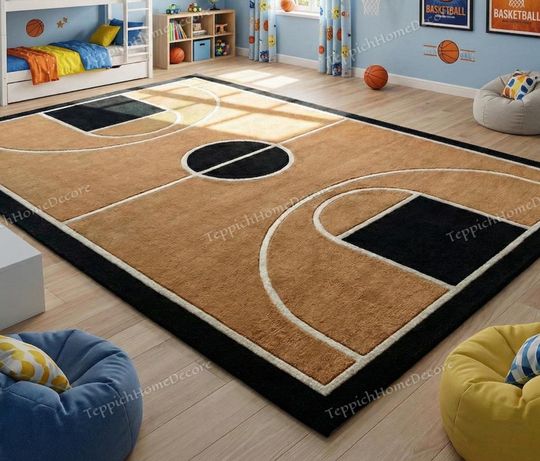 Discover Basketball Court Kids Rug | Sports Playroom Area Rug I Game Room Floor Carpet