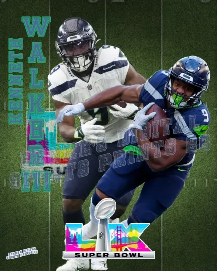 Discover Seattle Seahawks Kenneth Walker III 2026 Super Bowl Vertical Poster