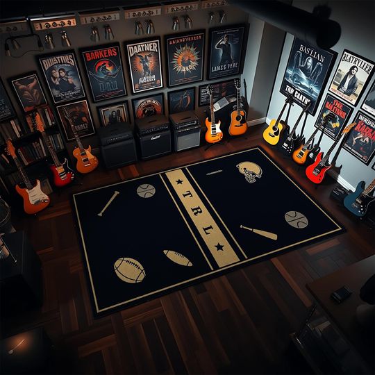 Discover Sports Theme Rug: Navy Blue Baseball, Basketball & Football Design