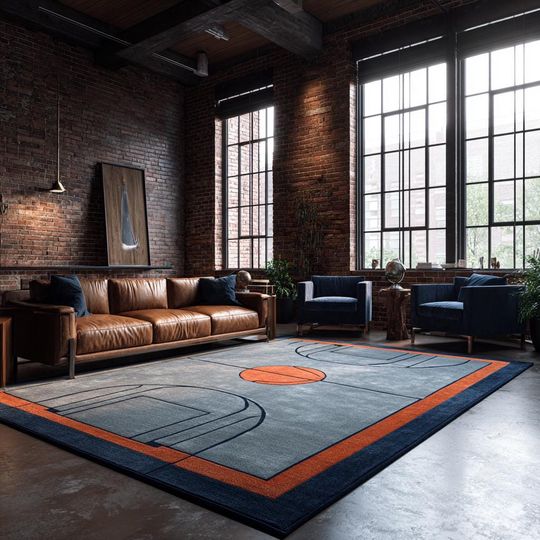 Discover Basketball Grey Navy and Orange Hand Tufted Wool 9x12 Area Rugs for Kids Room, Custom Sports 8x10 Area Rugs for Game Room, Soccer Field Rugs