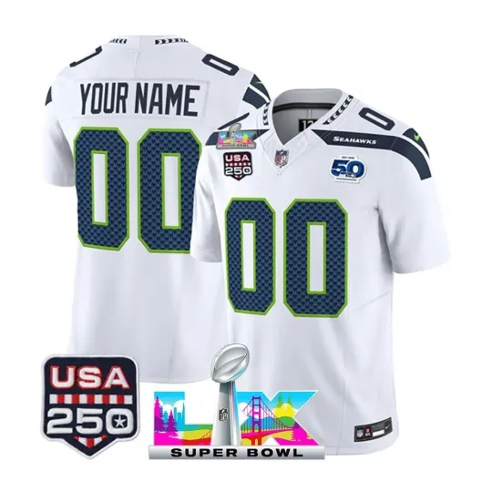 Discover Custom Nike football 2026 Seattle Seahawks Super Bowl LX & USA 250 5Oth White Jersey