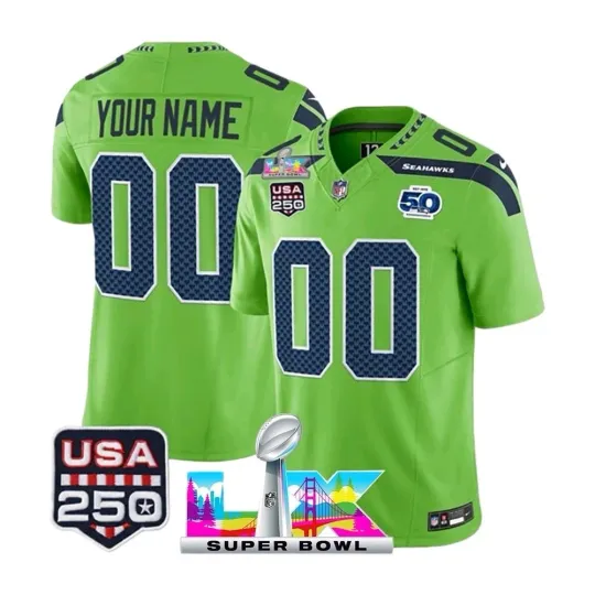 Discover Custom Nike football 2026 Seattle Seahawks Super Bowl LX & USA 250 5Oth Green Jersey