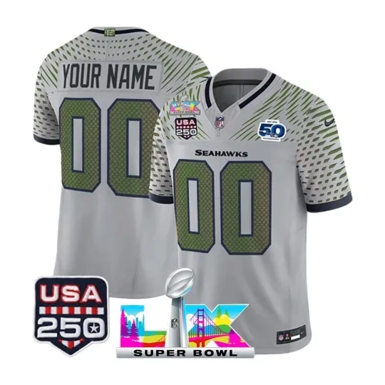 Discover Custom Nike football 2026 Seattle Seahawks Super Bowl LX & USA 250 5Oth Gray Jersey