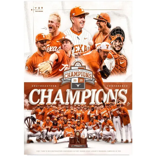 Discover Texas Longhorns SEC Champions Baseball 2025 Vertical Poster
