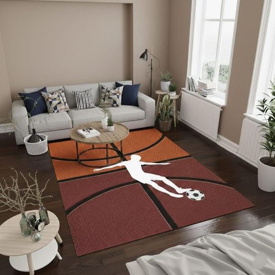 Discover Custom Soccer Player on Basketball Pattern Area Rug, Multi Sport Room Decor, Basketball Court Carpet, Soccer Fan Gift, Boys Bedroom Rug 5x8