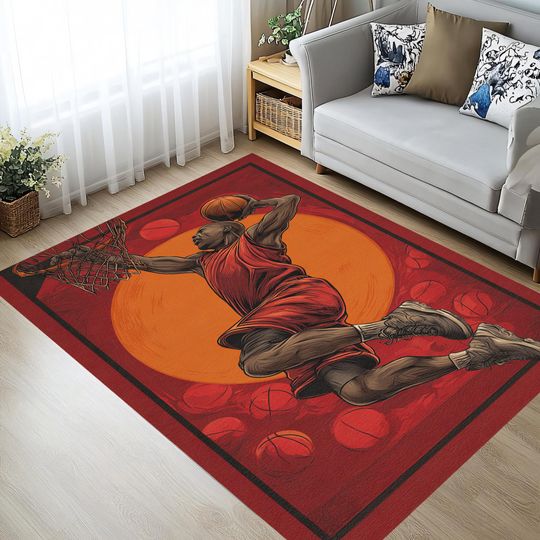 Discover Basketball Slam Dunk Rug  Athletic Red Area Carpet for Gamers, Boys Rooms, and Sports Fans
