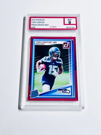 GRADED Tory Horton Rookie Card 2025 Donruss Press Proof Red Rated Rookie #388 Seattle Seahawks Acrylic Block Card