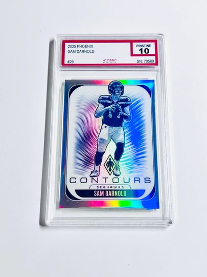 GRADED 10 Sam Darnold 2025 Phoenix Countours Silver Prizm Refractor Rainbow Holo #29 Seattle Seahawks Acrylic Block Card