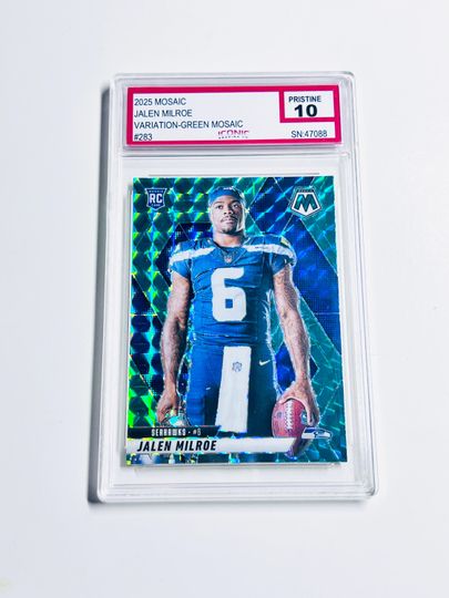 GRADED 10 Jalen Milroe Rookie Card 2025 Mosaic Green Variation Seattle Seahawks Acrylic Block Card