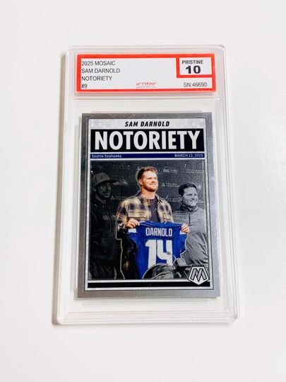 GRADED 10 Sam Darnold 2025 Mosaic Notoriety Card #9 Seattle Seahawks Acrylic Block