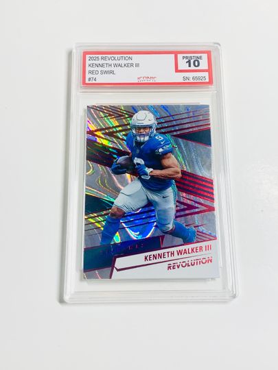 Kenneth Walker 2025 Revolution Red Swirl Short Print Rainbow Holo Acrylic Block Card Seattle Seahawks