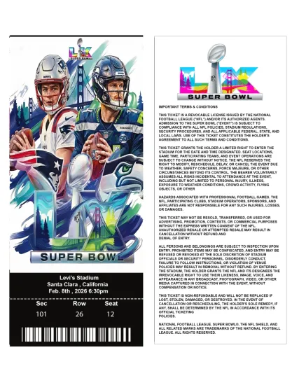 Discover Seattle Seahawkss Vs NE Patriotss Super B.owl LX Commemorative Ticket Stub Custom A