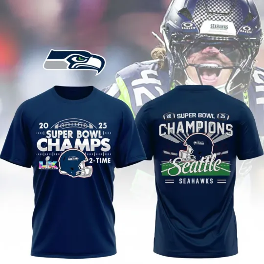 Seattle Seahawks SBowl 2025 2-Time Blue T-Shirt