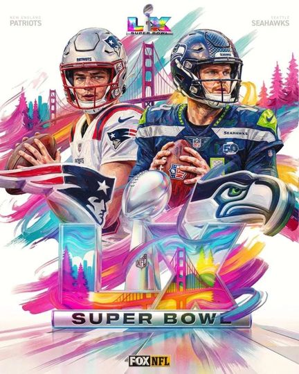 Discover Super B.owl LX 2026 Seahawkss vs Patriotss Wall Art Poster, Football Championship Decor, Sports Fan Gift