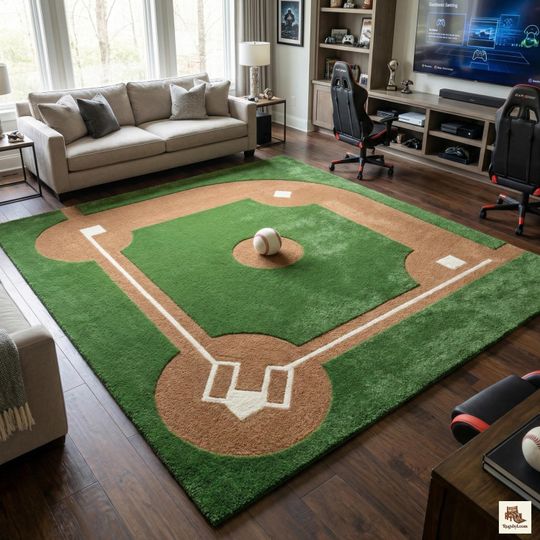 Discover Baseball Field Area Rug, Hand Tufted Wool Sports Rug, Green & Brown Baseball Diamond Carpet for Game Room, Kids Room Decor