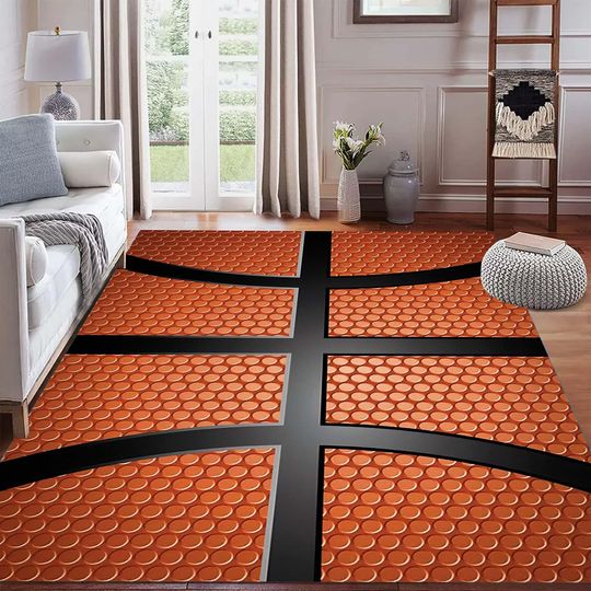 Discover Basketball Pattern Rug,  Kids Sports Room Mat, Basketball Floored Room Carpet for Basketball Lovers