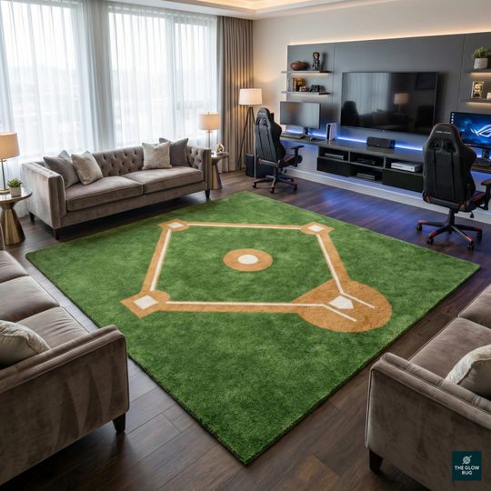 Discover Baseball Field Green Wool Rug | Sports Theme Area Rug | Hand Tufted Wool Carpet for Living Room, Game Room & Man Cave