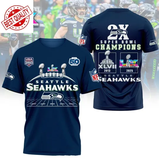 Seattle Seahawks Sup.er Bowl 2X Champions 2013-2026 Navy Blue T-Shirt
