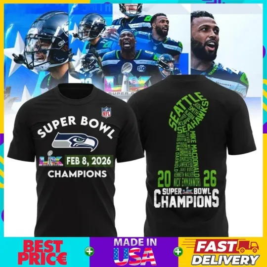 Discover Seattle Seahawk.s Super B.owl LX Champions 2026 T-Shirt Size S-5XL