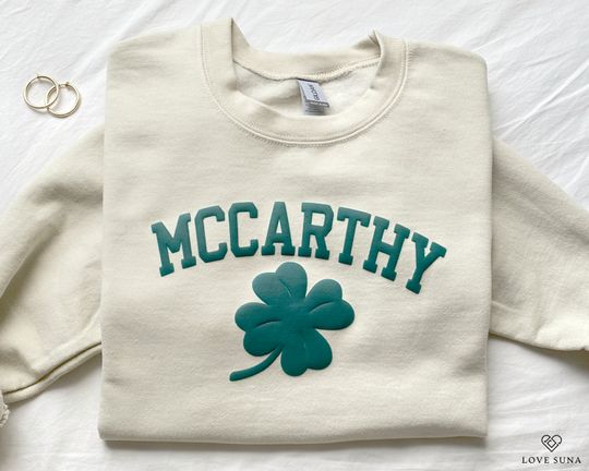Discover Personalized Name St Patrick's Day Sweatshirt, Custom Shamrock Last Name Sweater, Four Leaf Clover Sweatshirt, Irish Surname St Patty's Top
