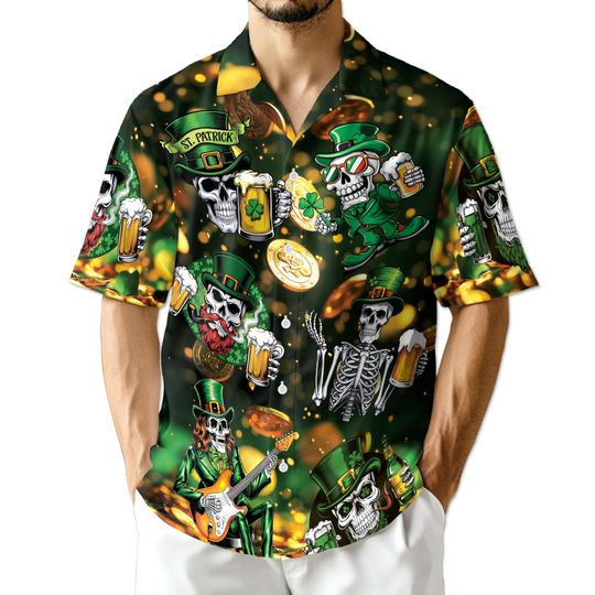 Discover St. Patrick's Day Skull Hawaiian Shirt, Shamrock Beer Aloha Shirt