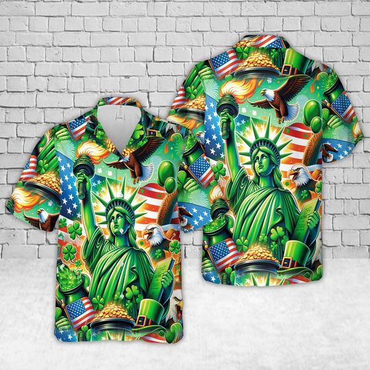 USA St Patrick Hawaiian Shirt, Patriotic Irish Shamrock Aloha Shirt, Statue of Liberty Green Holiday Apparel, St Patricks Day Party Gift