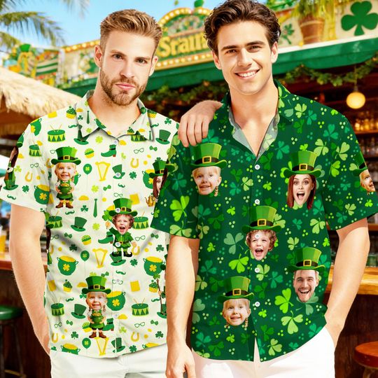 Discover Personalized St Patrick Hawaiian Shirt with Face, Custom Lucky Shamrock Button Shirt