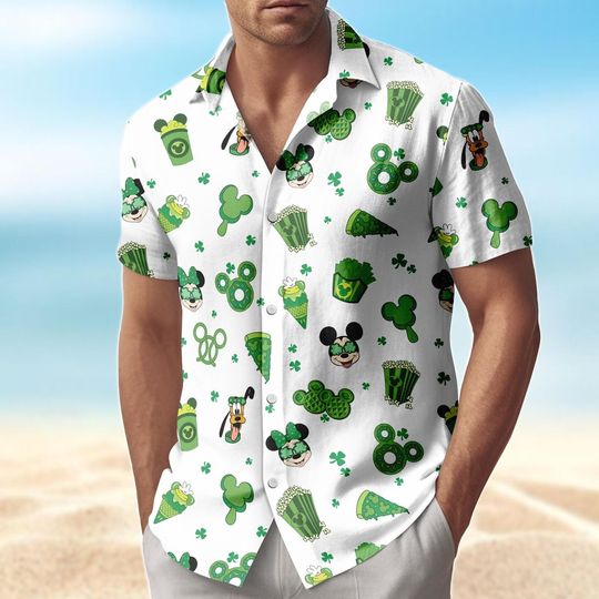 Discover Disney St Patrick's Day Hawaiian Shirt, Mickey and Friends St Patricks Button Shirt, Beach Shorts Men, Disney Lucky Shamrock Shirt