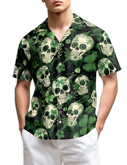 St Patricks Day Skull Hawaiian Shirt, Shamrock Skull Tropical Aloha Shirt, Irish Green Button Up, Unisex Gothic Party Beach Shirt S5XL