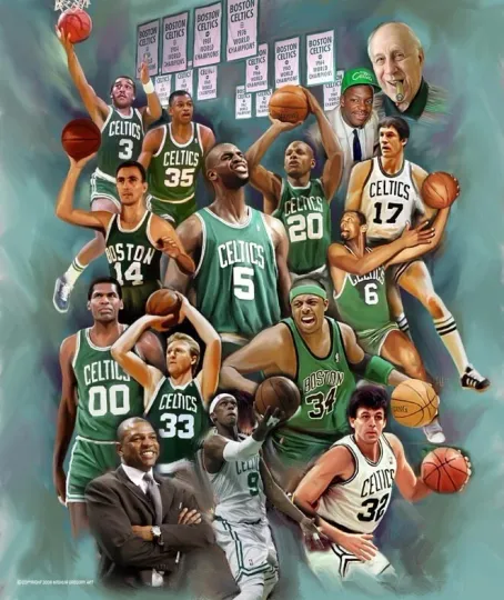 BOSTON CELTICS LEGENDS 15 All-Time Greats 20x24 Art POSTER Print 1950s-2000s